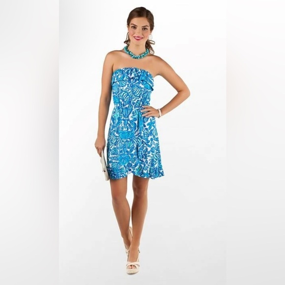 Lilly Pulitzer Flor Shorely Blue Sailors Valentine Ruffle Strapless Mini Dress - Picture 2 of 6